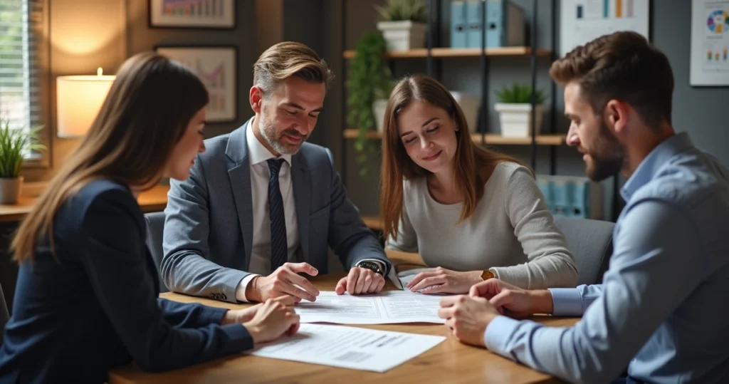 Mortgage specialist consulting couple about home loan 
