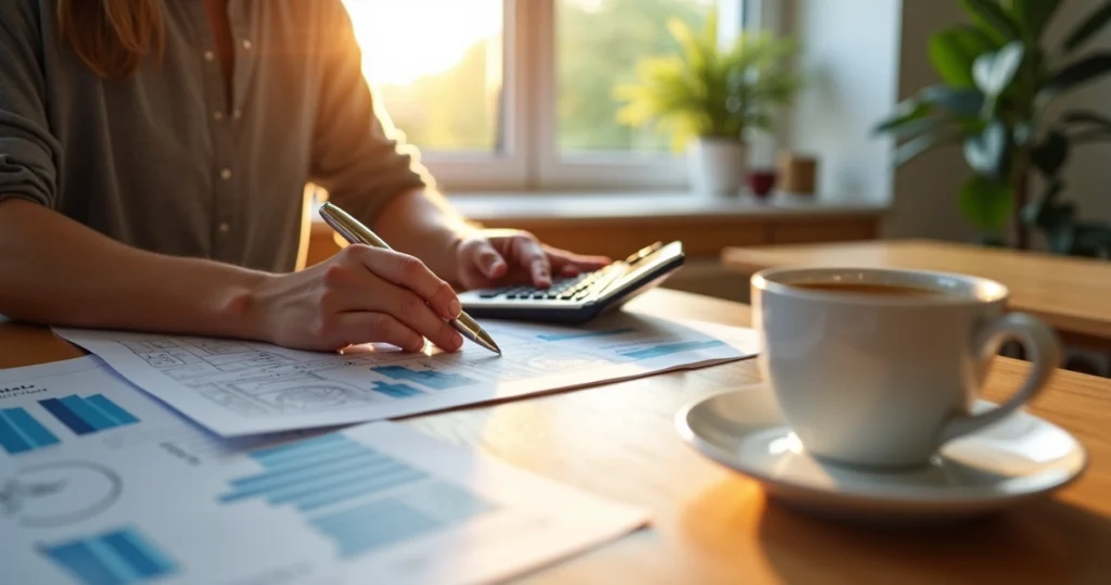 Homeowner sitting at a kitchen table reviewing cash-out refinance paperwork, calculator, and house plans laid out. Sunlight comes through a large window, and a cup of coffee sits nearby.
