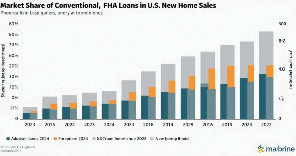 Bar graph comparing market share of conventional and FHA loans in new home sales. 