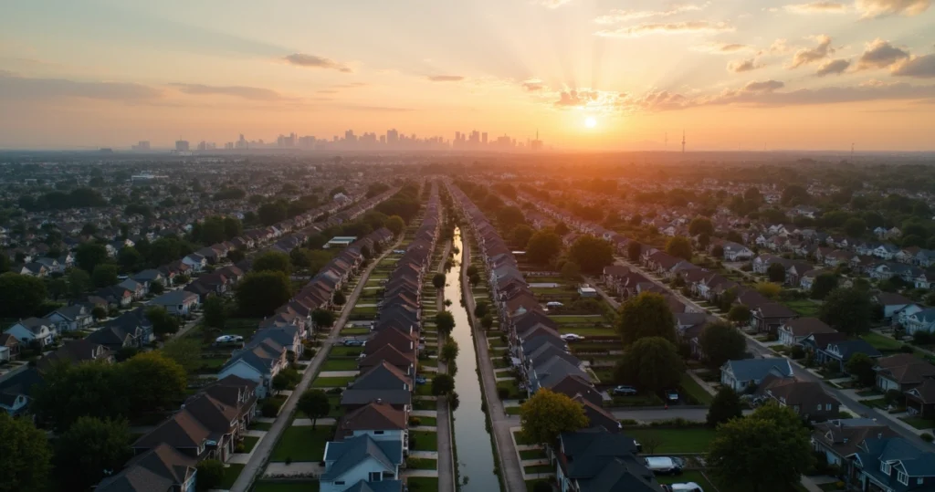 Aerial view of American suburban neighborhood with skyline in distance 