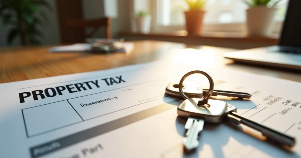 Property tax bill on a desk with home keys nearby
