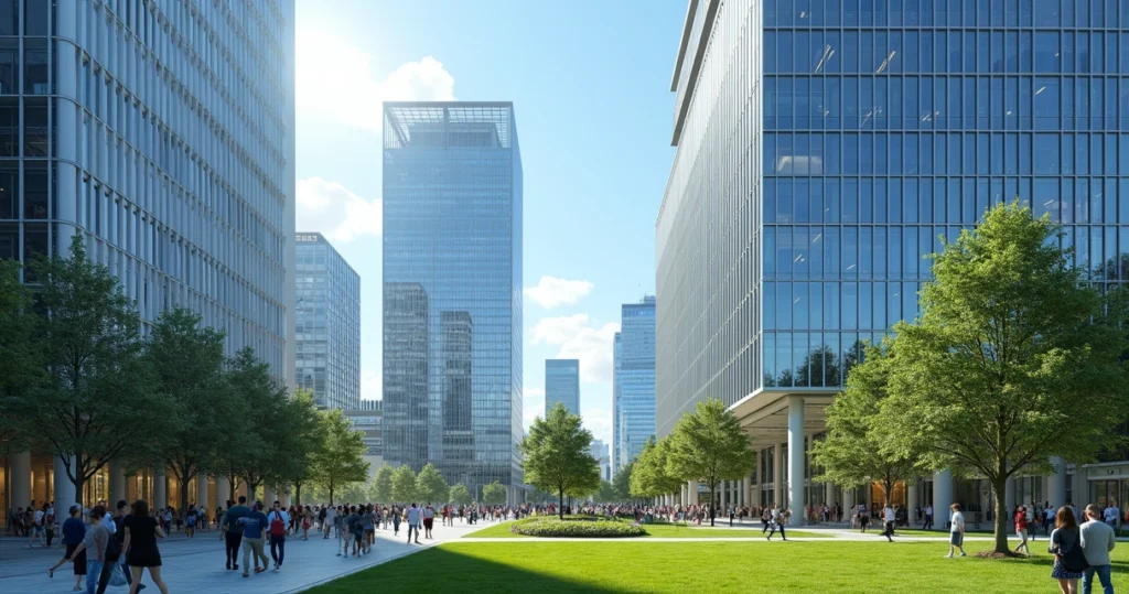 Modern tech buildings in Raleigh with busy workers and green spaces 