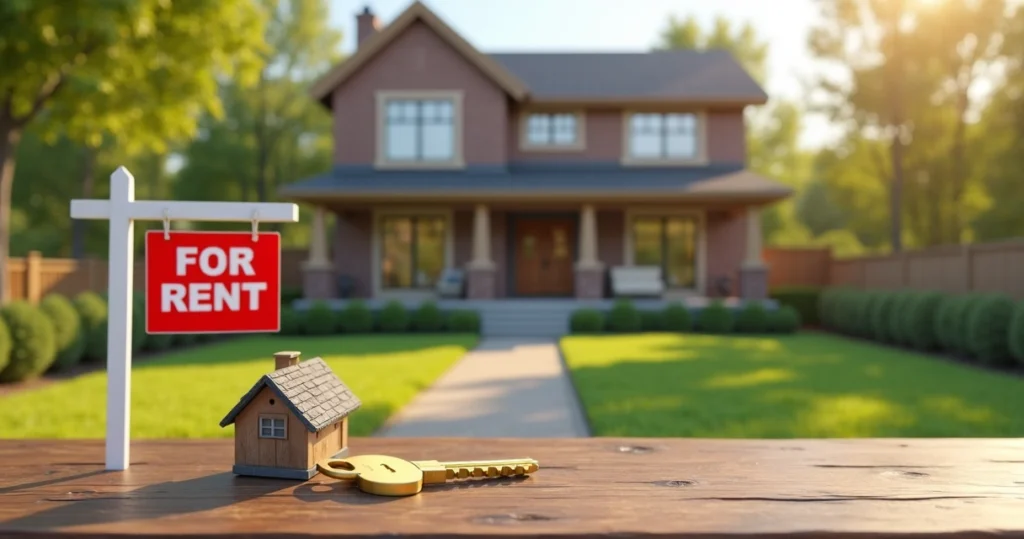 Duplex house with For Rent sign and key on wooden table