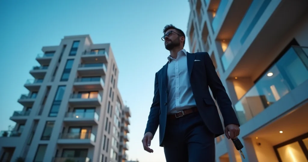 Investor walking in front of apartment building
