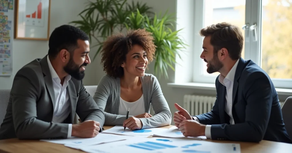 Homeowners meet with a loan advisor, comparing FHA and conventional refinance options. 