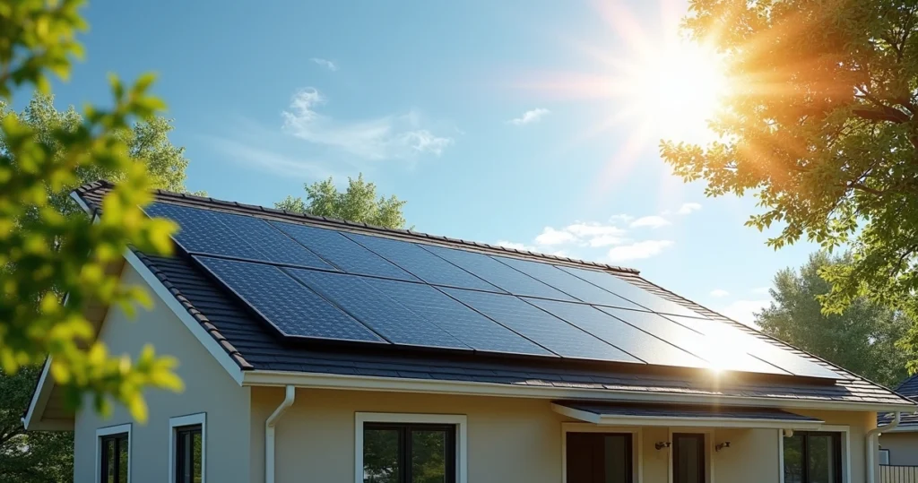 Solar panels on a home roof with trees in the background