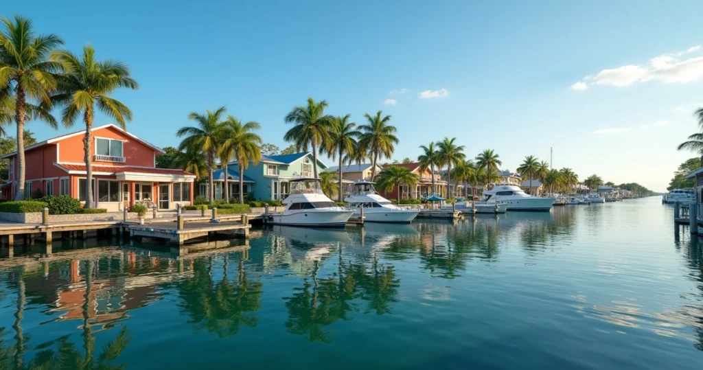 Waterfront homes in Tampa Bay reflecting on clear water with a blue sky 