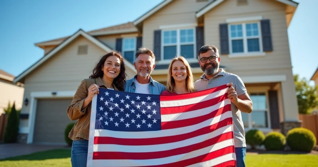 Veteran family standing together outside their new suburban house