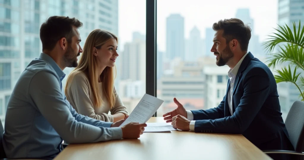 Couple talking to a mortgage consultant in modern office 