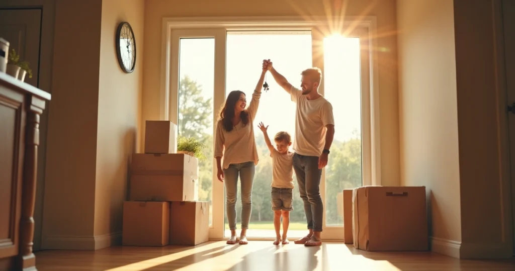 Family celebrating new home with keys in hand 