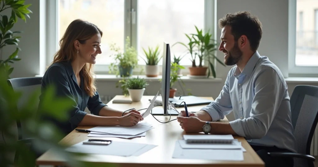 Client consulting with mortgage specialist in modern office 