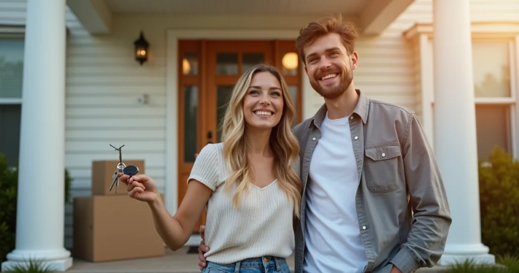 First-time homebuyers celebrating new home purchase 