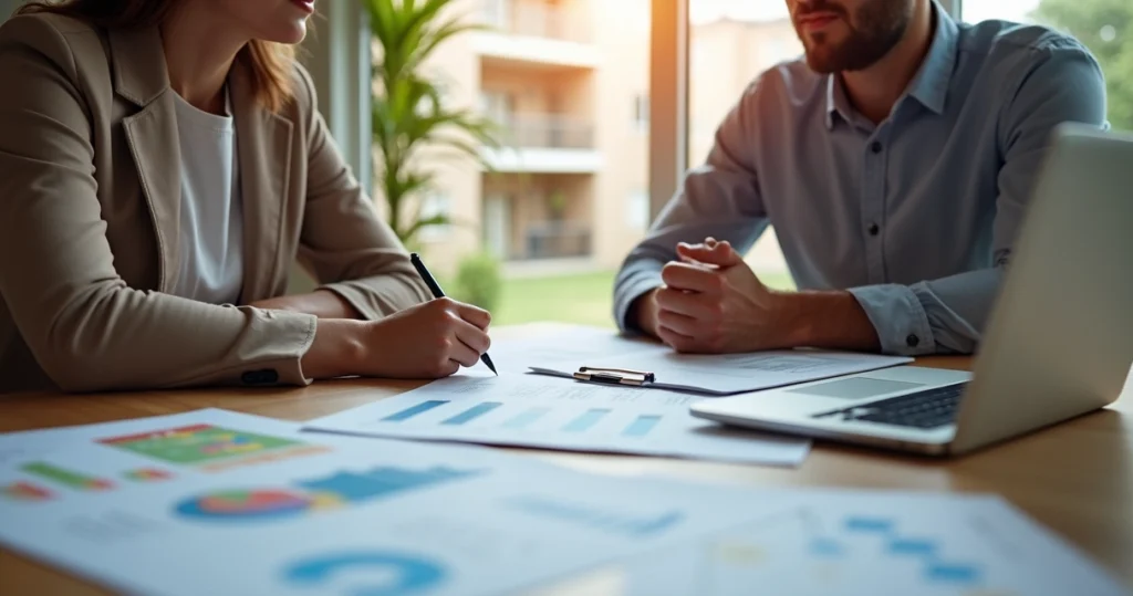 Two people reviewing loan documents at a table 