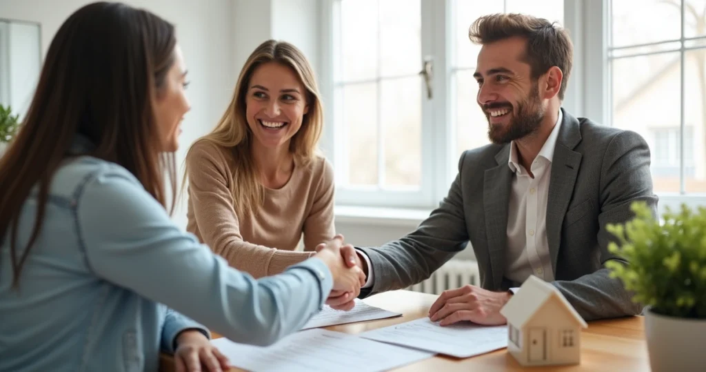 Young couple celebrating mortgage approval with broker