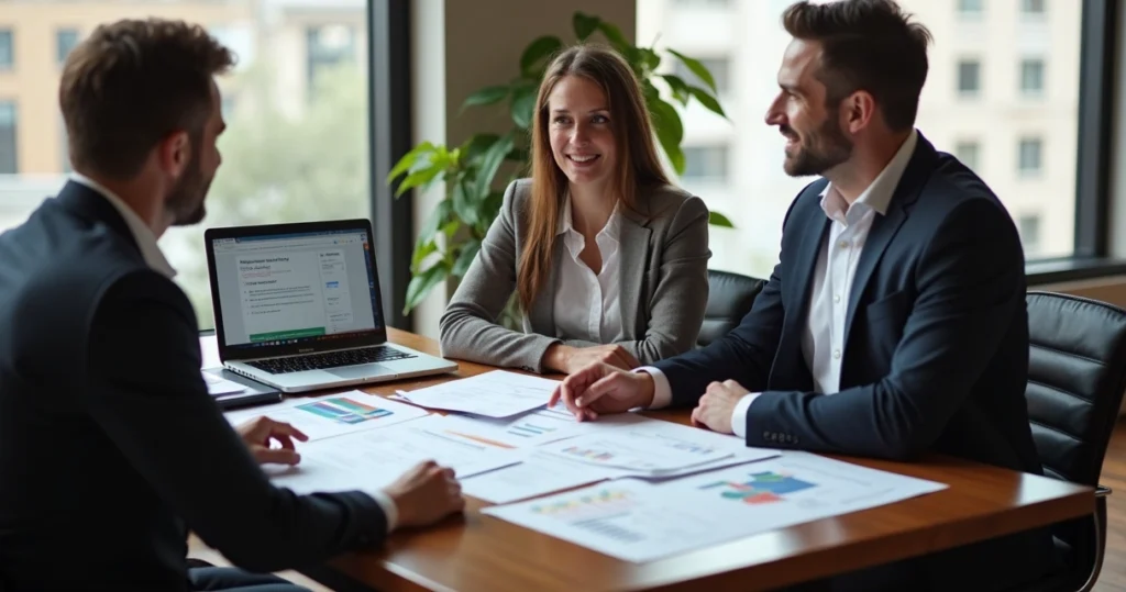 Mortgage broker meeting with clients discussing mortgage options