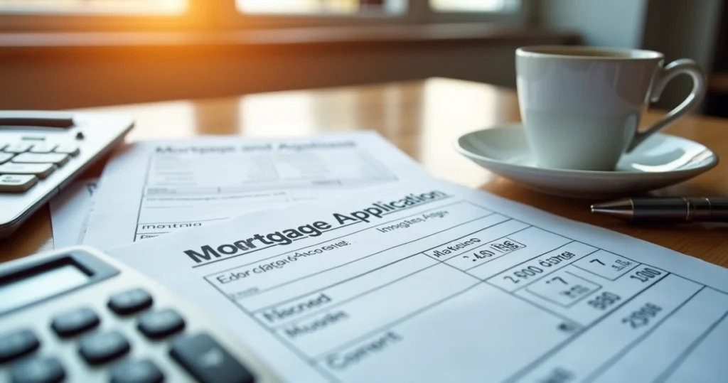 Mortgage application documents and calculator on desk