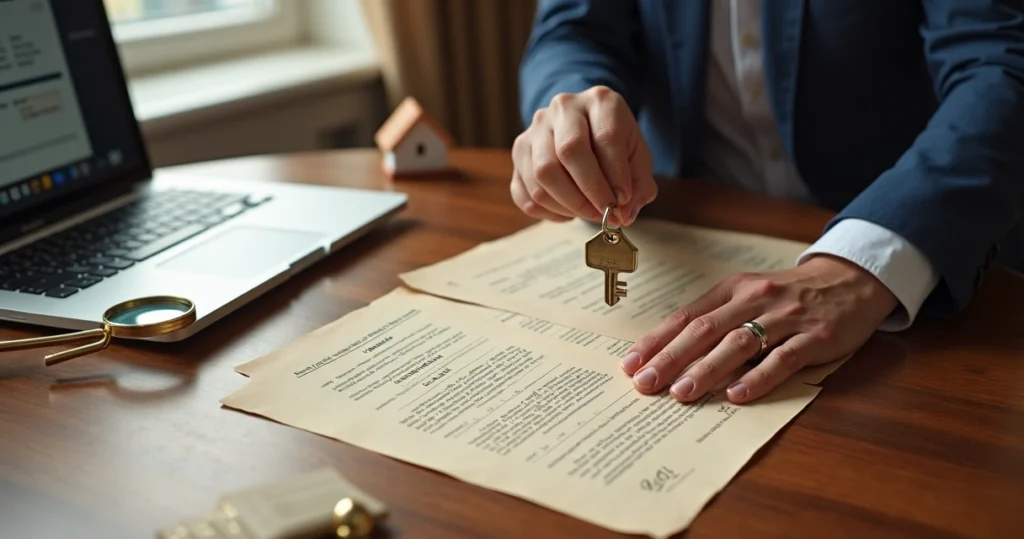 Hand holding key in front of property records on a desk 