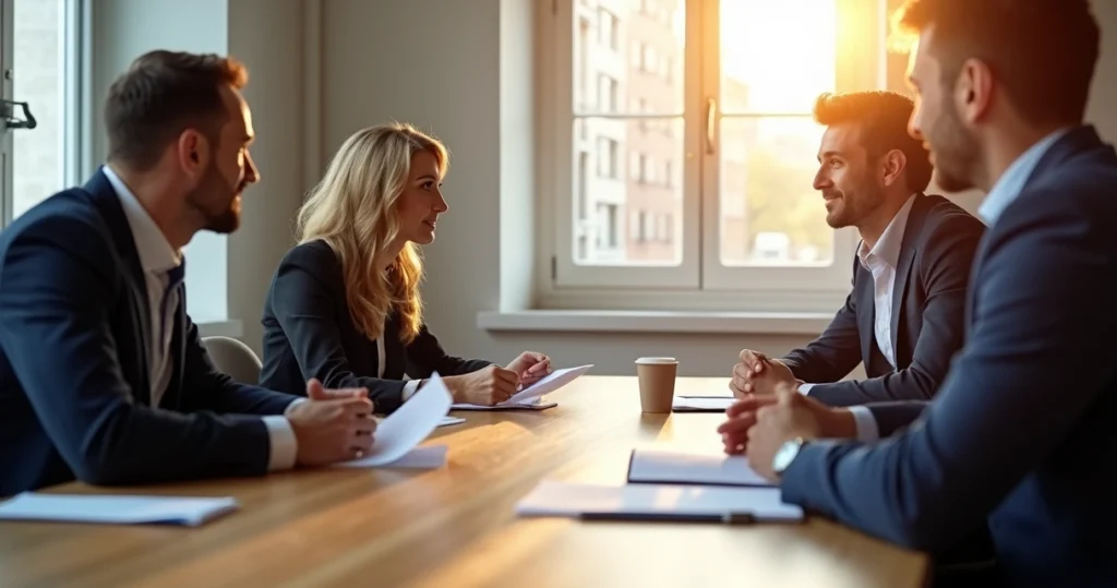 Prospective buyer in co-op board interview in formal setting