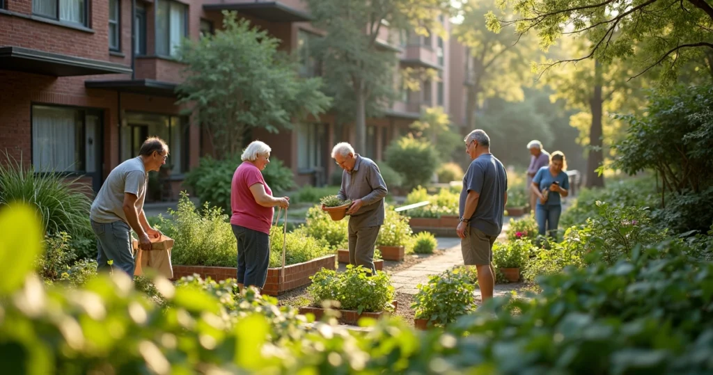 Community tending garden at co-op housing complex