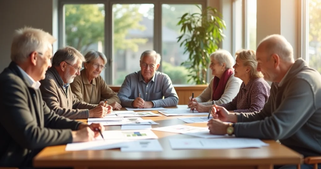 Residents meeting in a community space for a shareholders meeting