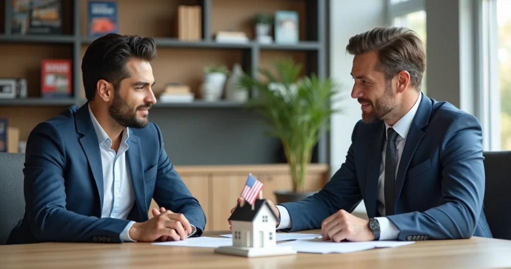 Brazilian buyer talking to a US mortgage advisor while looking at a house model 