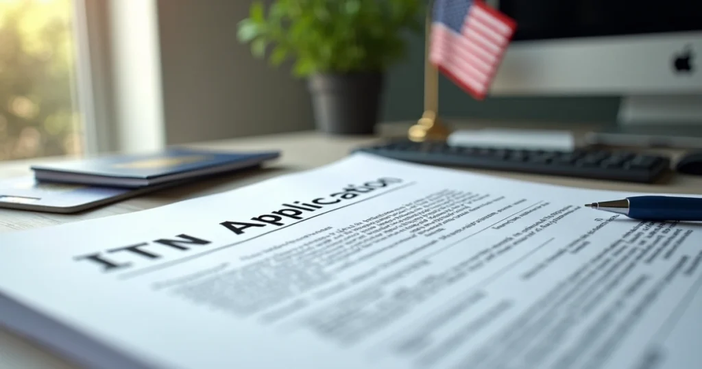 Close-up of ITIN application documents and a Brazilian passport on a desk.