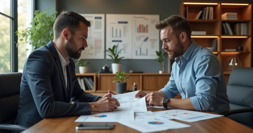 Advisor talking with client over manual underwriting documents 
