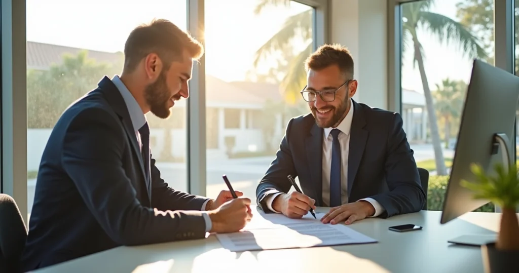 Foreign buyer signing Florida home purchase contract 