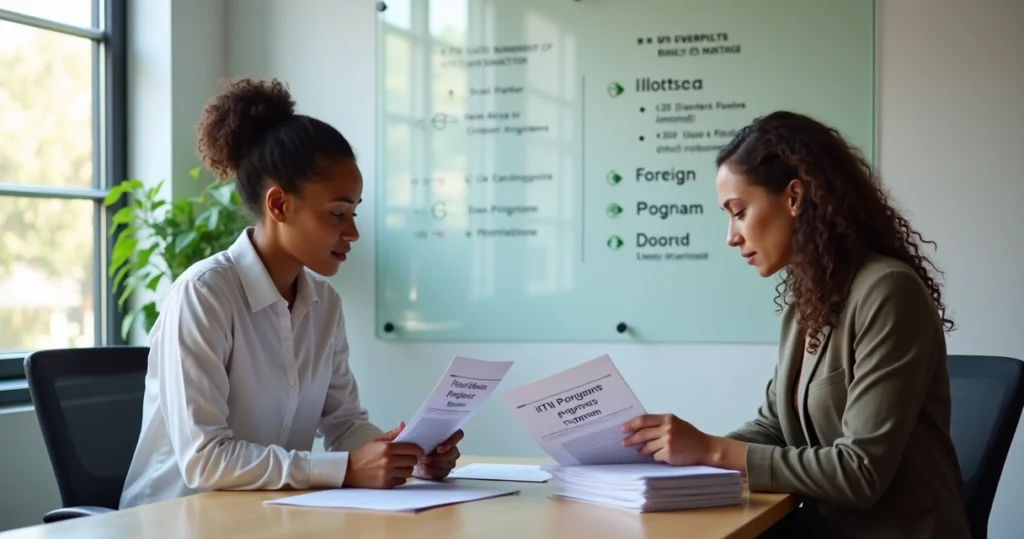 Two people comparing mortgage program documents at a desk 