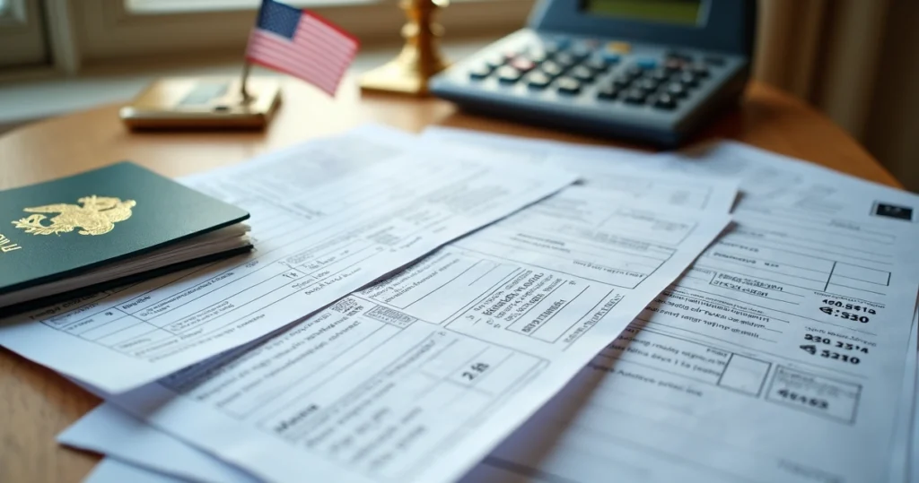 Brazilian tax returns and pay stubs on a desk, with translation tools nearby 
