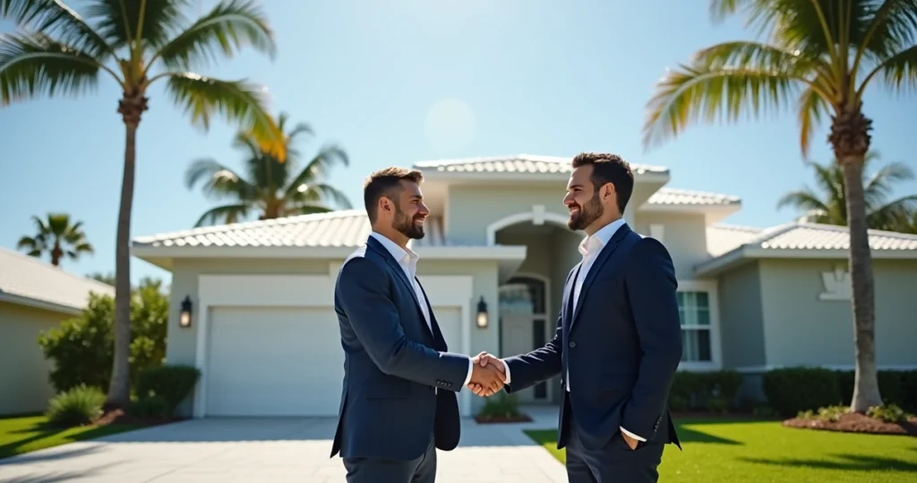 Real estate agent shaking hands with international home buyer in front of a Florida house 