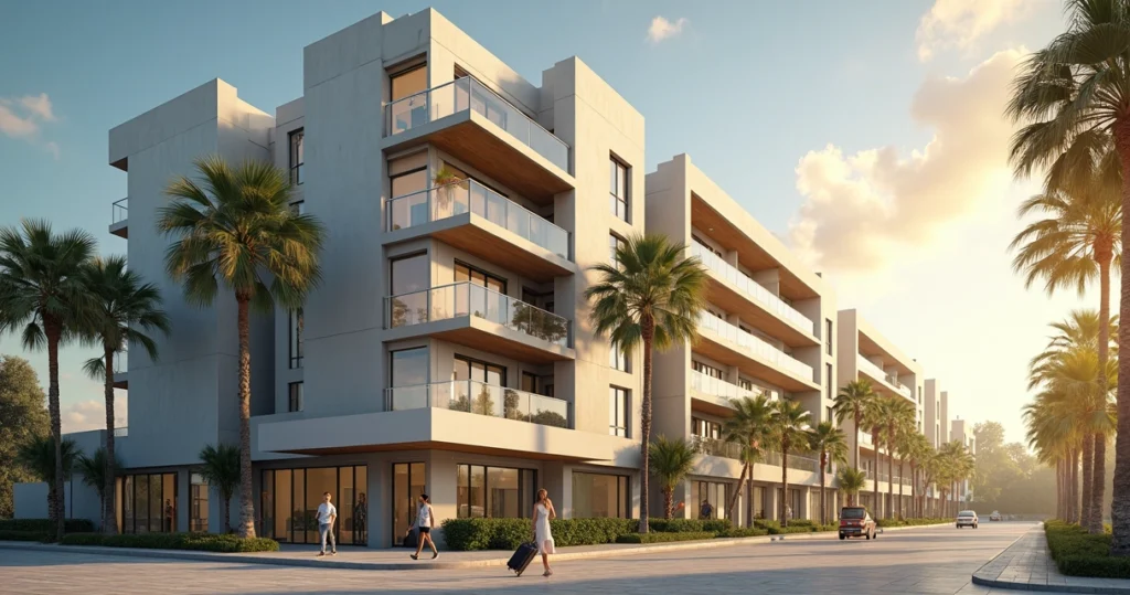 Modern apartment building with palm trees in the USA, bright sky