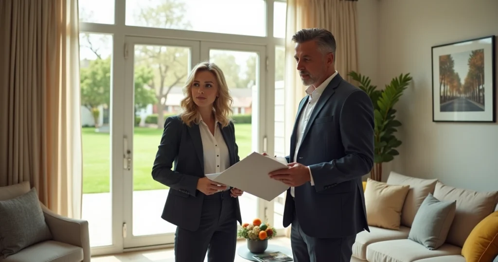 Real estate agent showing a modern home to two Brazilian clients 