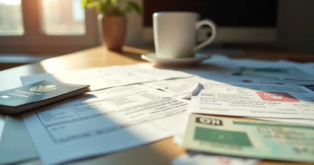 Documents and forms on a desk with a passport, W-2, and bank statements 