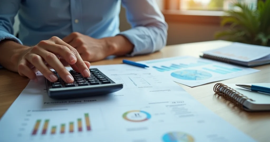 Lender reviewing rental income calculations at a desk 
