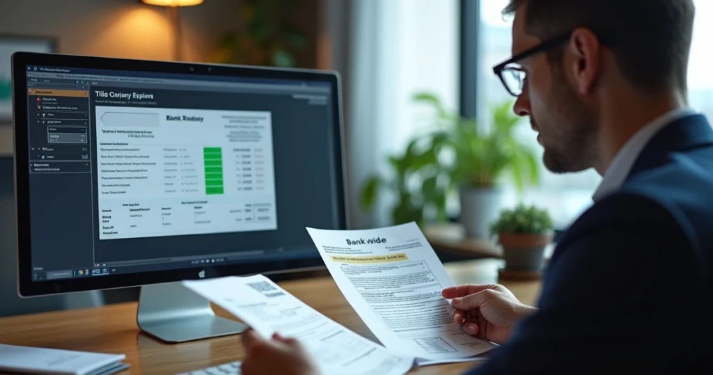 Title agent reviewing wire transfer documents on a desk