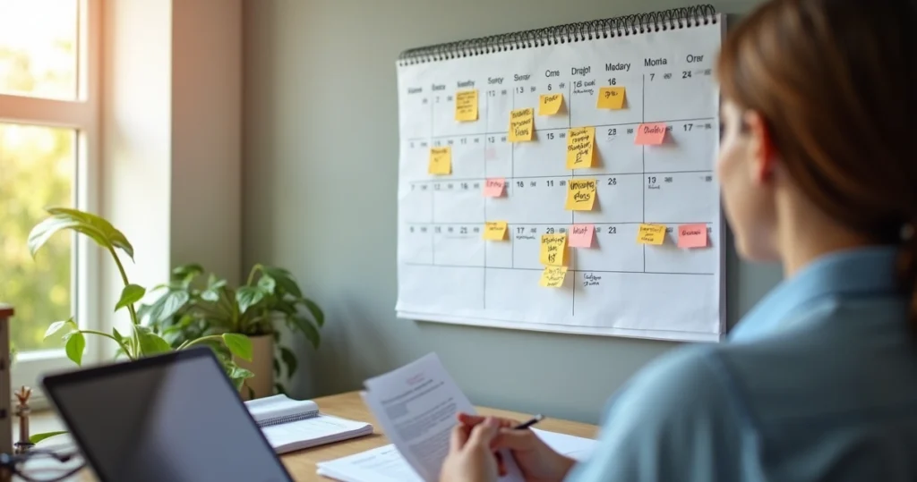 Person reviewing documents and looking at a calendar to plan mortgage application after bankruptcy 