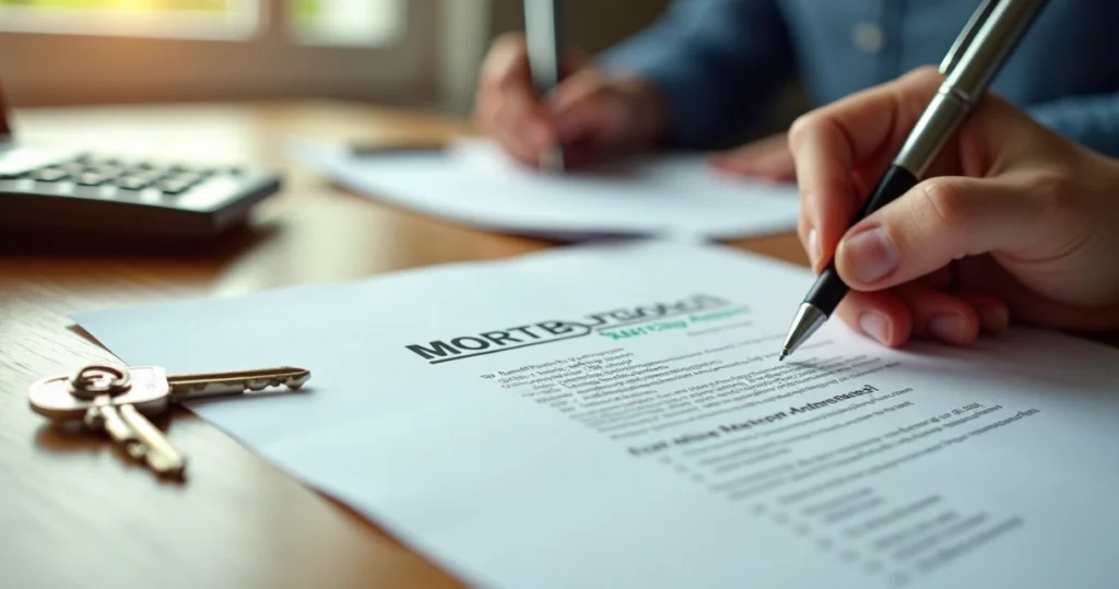 Mortgage documents, calculator, and keys on a wooden desk 
