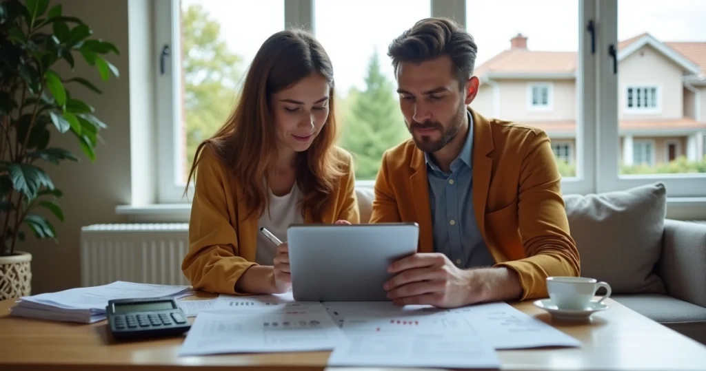Young couple discussing home purchase options in a living room with mortgage documents on the table.