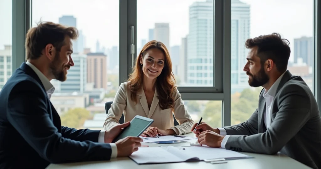 Foreign national couple talking with a U.S. mortgage advisor in a sunlit, modern office
