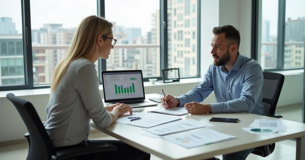 Home loan advisor meeting with homebuyer at an office desk, papers and laptop between them.