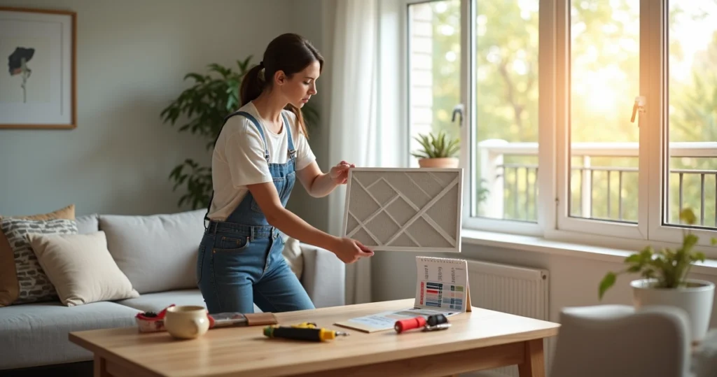 Homeowner changing HVAC filter in a modern home living room.