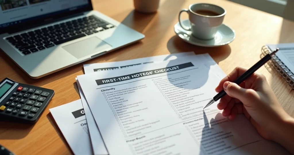 Checklist for first-time homebuyers on a wooden desk 