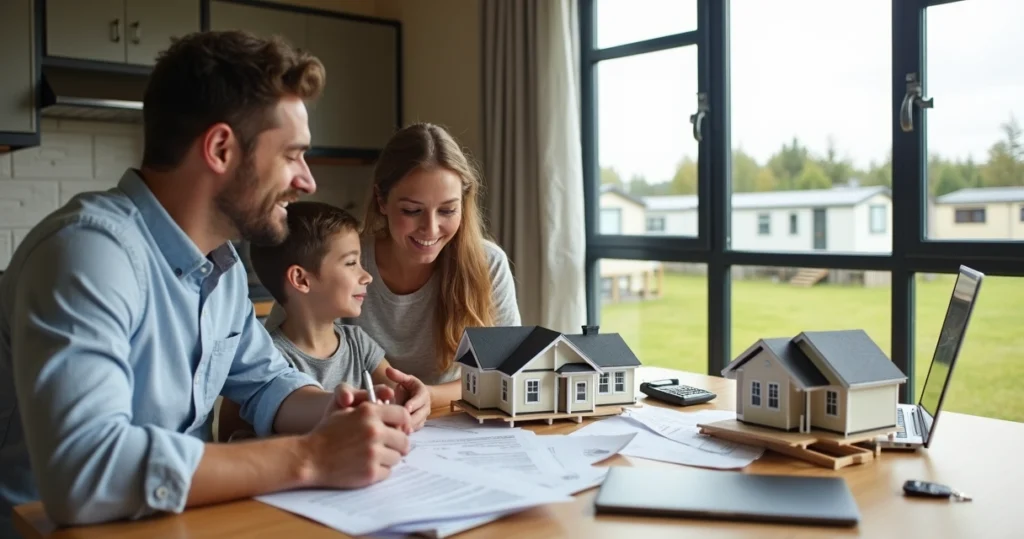 Family reviewing mobile home financing paperwork at a kitchen table 