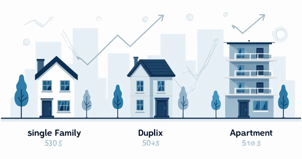 Comparison diagram of single-family home, duplex, and small apartment building 