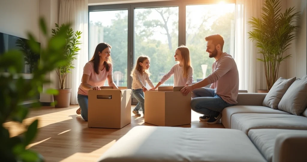 A family placing boxes in a bright living room of their newly bought house 