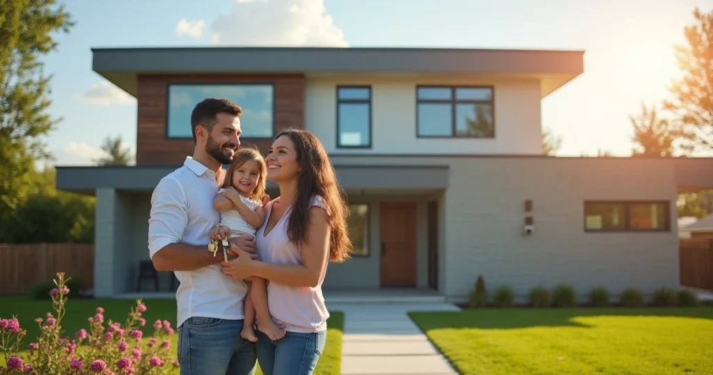 Family standing in front of their new home