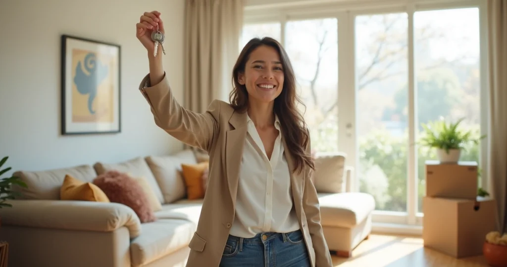 Happy homebuyer celebrating mortgage closing with house keys 