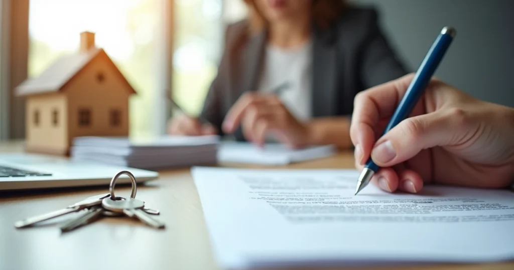 Homebuyer signing closing documents with house keys on table