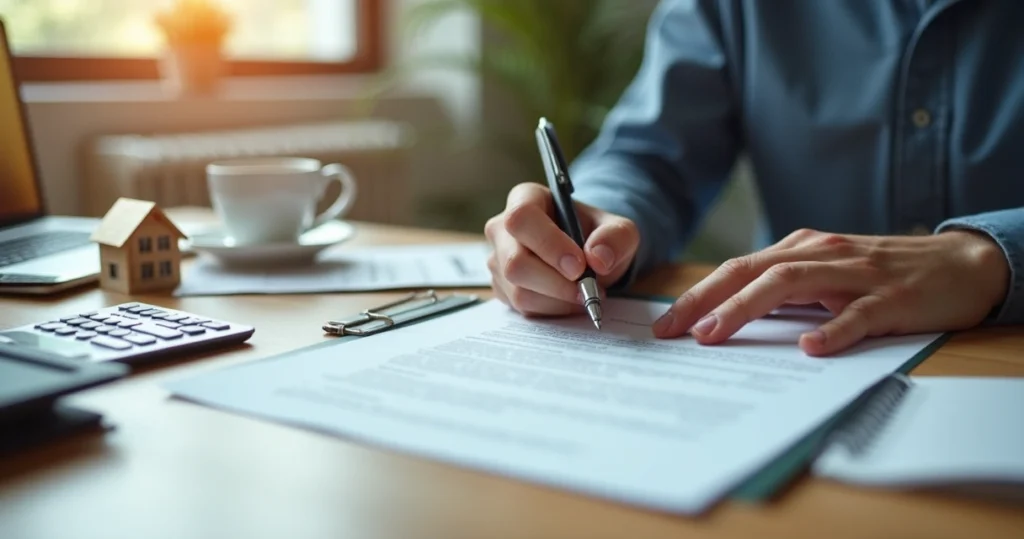 A person signing mortgage approval documents at a desk 